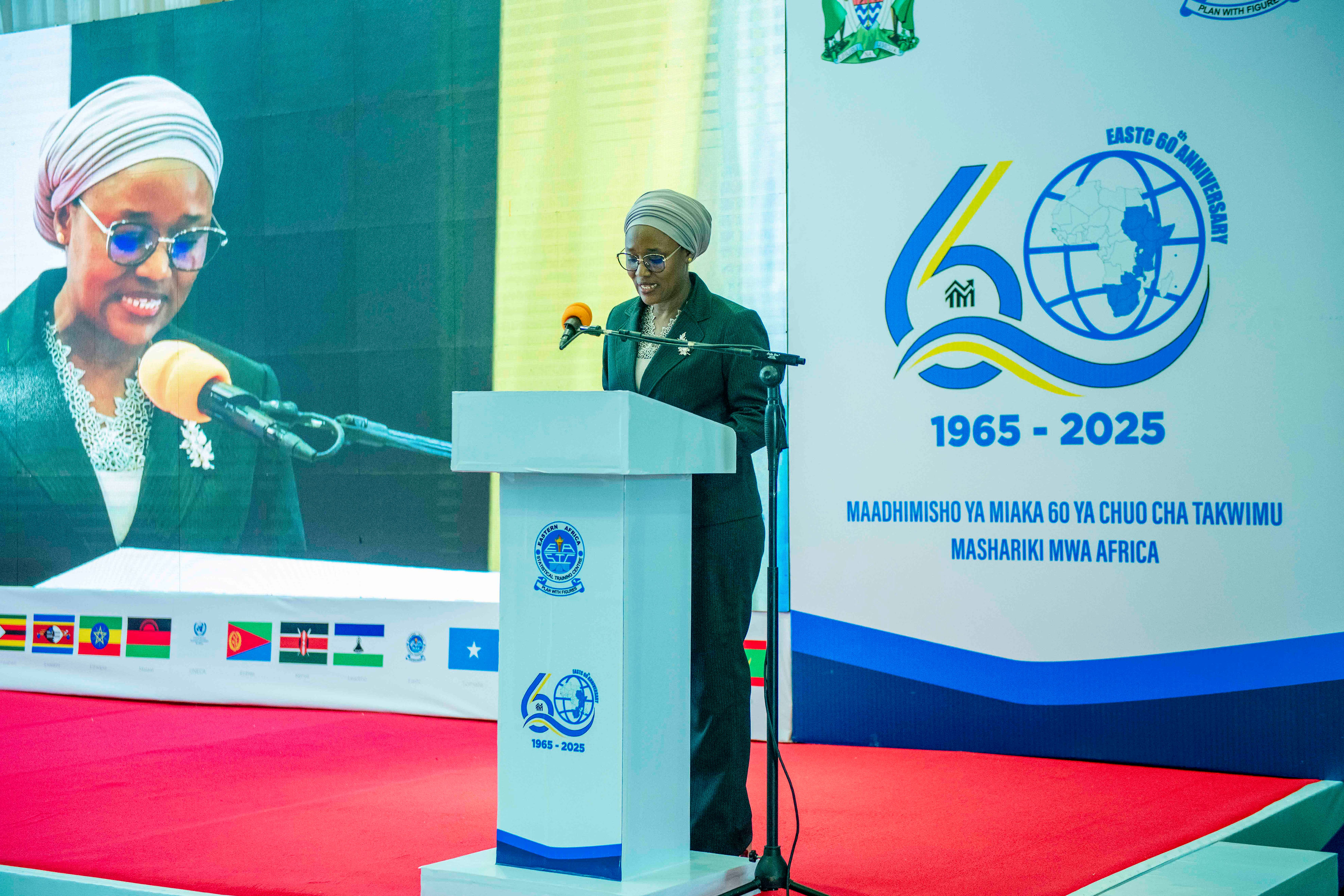 <p>Dr. Amina Msengwa, Statistician General, United Republic of Tanzania, presenting topic at the commemoration of EASTC 60 years anniversary celebrations, held at Mlimani City Conference Centre on 2nd September,2025.</p>